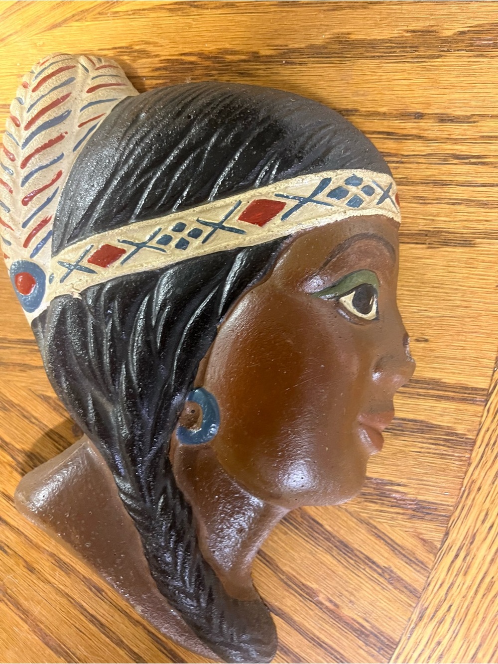 Decorative Brown Native American Bust Wall Accent with Painted Headband
